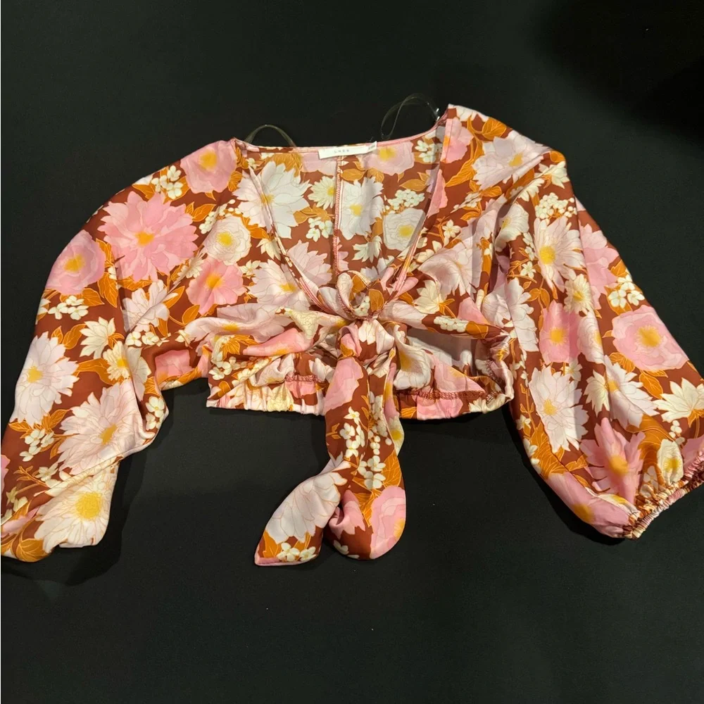 Lush Floral Tie Front Long Sleeve Crop Top Small Boho Retro - Picture 5 of 6